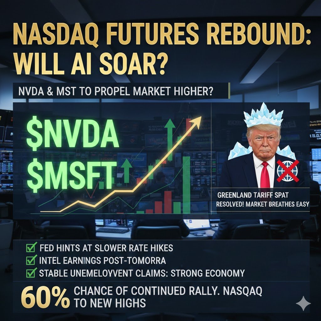 纳指期货反弹，AI概念会起飞吗？ $NVDA 跟$MSFT 这俩哥们儿会把大盘往上拱吗？  川普那边Greenland关税风波总算消停了，市场这才能喘口气。 关键数据： ✓ Fed暗示没加息没那么快了