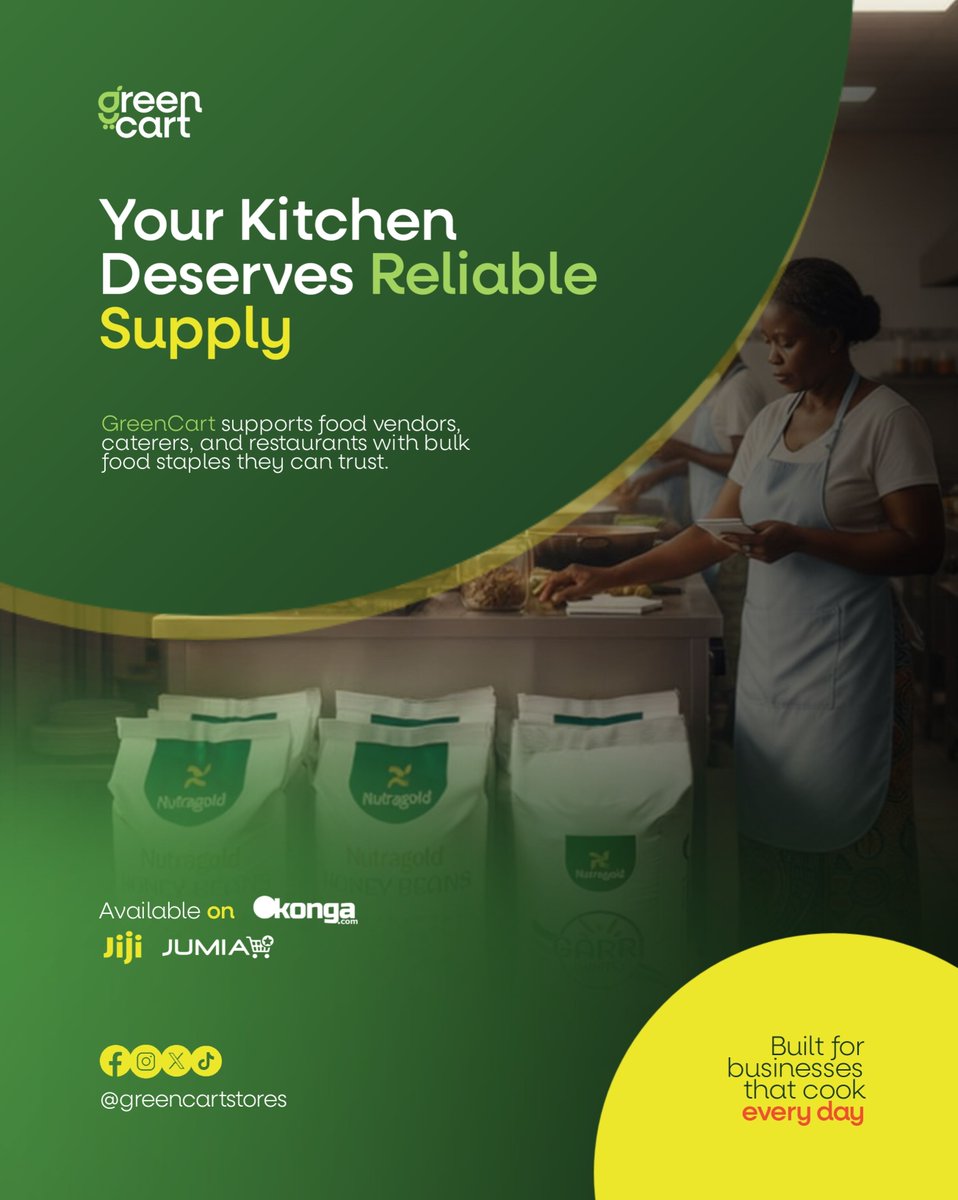 Greencartstores's tweet photo. Running a food business means your supply must be reliable.

GreenCart supports restaurants, caterers &amp; food vendors with quality food staples in bulk, without pricing or supply stress.

Available:
• White Garri (5/25kg) &amp; Honey Beans (25kg)

Order here: https://t.co/mFHD2nki6m https://t.co/H23W4SbZSE