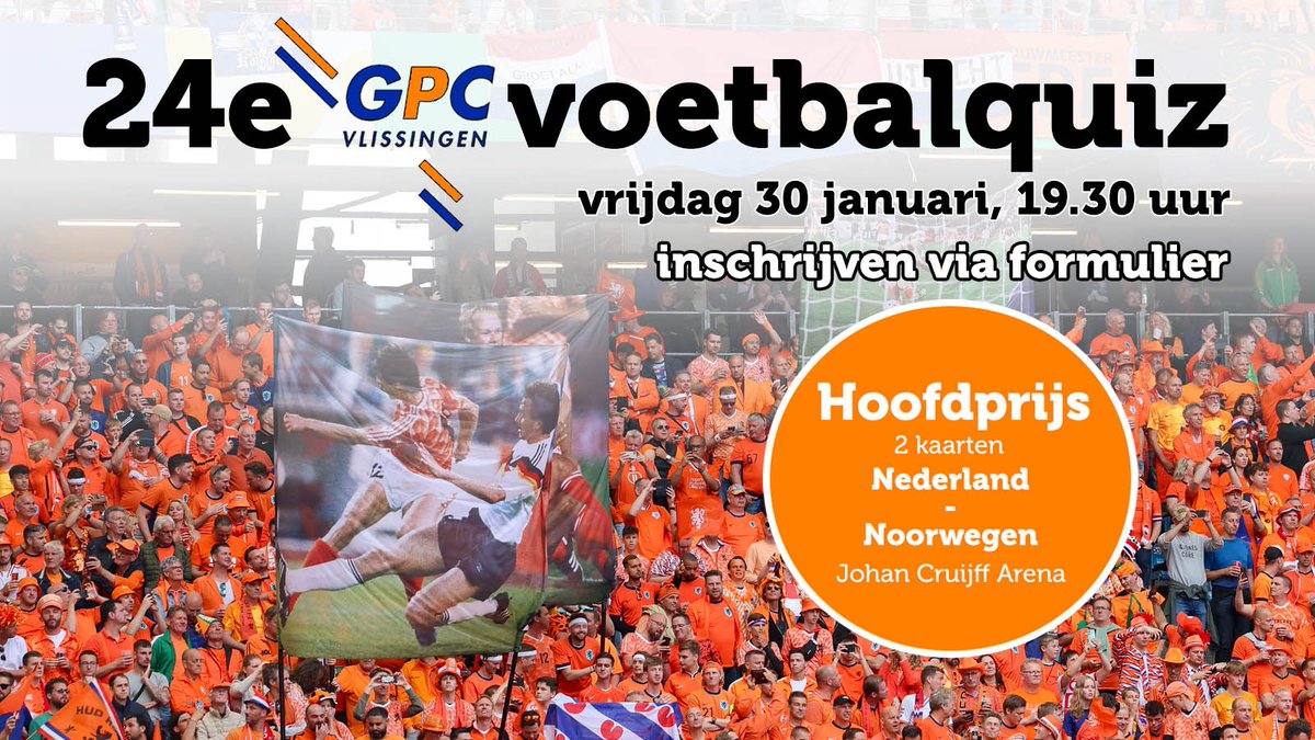 GPCVlissingen's tweet image. Volgende week vrijdag staat de GPC Vlissingen voetbalquiz weer op het programma. Er is nog plaats voor een aantal koppels. Meedoen? Geef je op via dit formulier forms.gle/LeycJeWoKT5CcT…