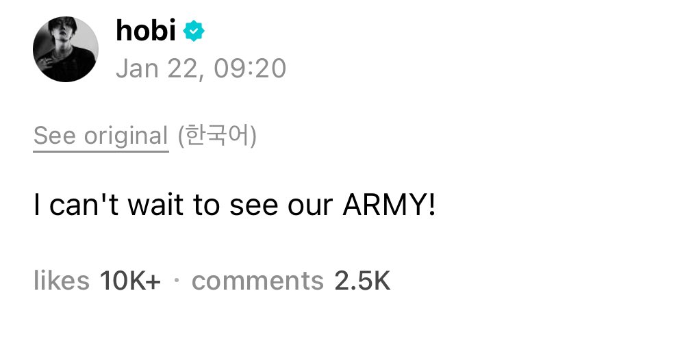#JHOPE via Weverse 💜

“I can't wait to see our ARMY”

😭😭💜