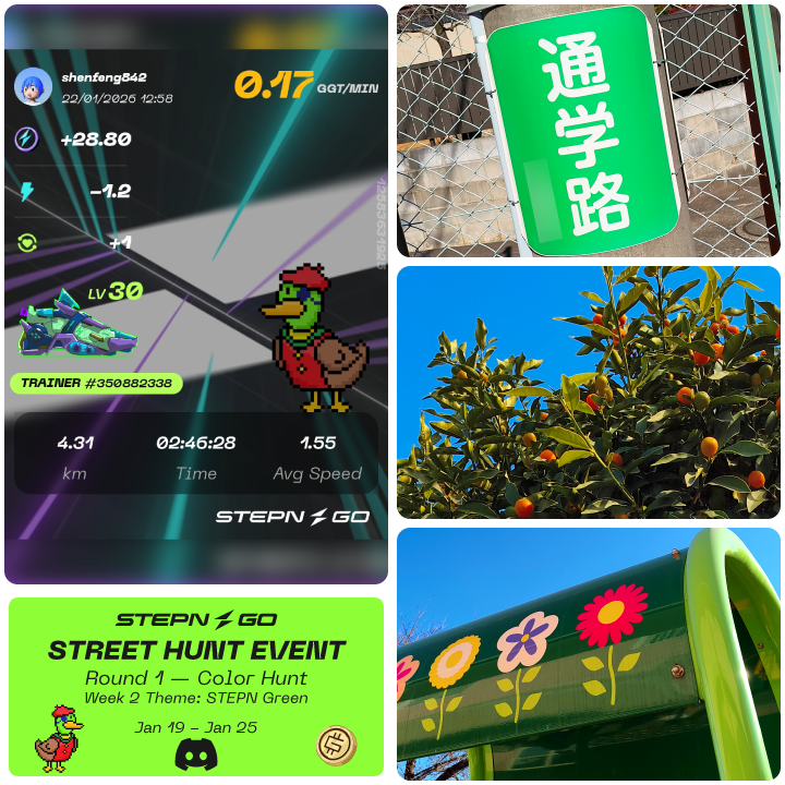 公式Discordでイベントが開催中🦆📢
#STEPNGO #StreetHunt #Green 

指定された色のアイテムをムーブ中に撮影してポストするイベント📸
今週のテーマはSTEPN Green🟢
紫と違って緑は結構ありますね。他の参加者の作品を見るのも楽しいです🏃✨

詳細は公式Discordのevent-rulesチャンネルで✅