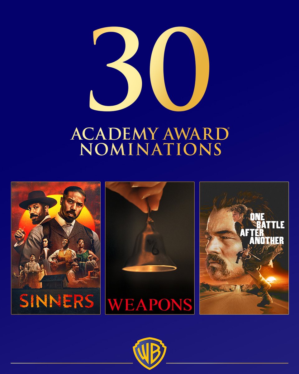 warnerbros's tweet image. Thank you to the Academy for recognizing our cast and crew with 30 Academy Award® nominations this year, including a record-setting 16 nominations for @SinnersMovie including Best Picture, 13 nominations for @onebattlemovie including Best Picture, and 1 nomination for Weapons.

A…