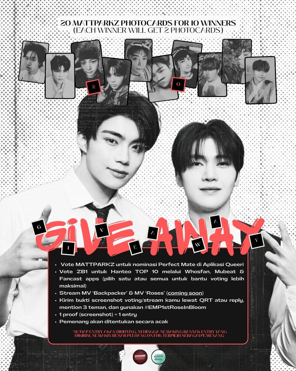 GunwookUMKM's tweet image. [ @GunwookUMKM x @SEOKMATTHEW_INA ]
🎒 EMP GIVEAWAY 🎒 

Gunwook dan Matthew telah masuk dalam nominasi Perfect Mate di Queeri 🏆
Yuk vote MattParkz sebagai bentuk dukungan kita, sekaligus merayakan 1 tahun OST Backpacker, rilis MV Roses, dan nominasi ZB1 di HMA 🎉 Mari ikut…