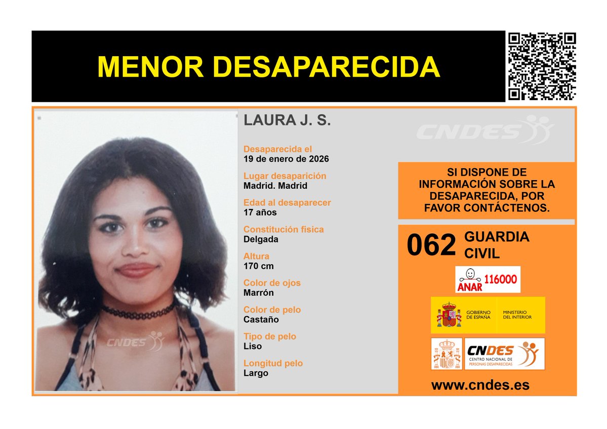 ⚠️🚺MENOR DESAPARECIDA🚺⚠️
Edad  17 años
🧐Última localización #Madrid 
Ayúdanos➡️comparte 📲
Si crees haberla visto 📩 cndes-web.ses.mir.es/publico/Desapa…
📞062 <a href="/guardiacivil/">Guardia Civil</a>
☎️116000 ANAR
<a href="/cndes_oficial/">CNDES</a> #menor #desaparecida
