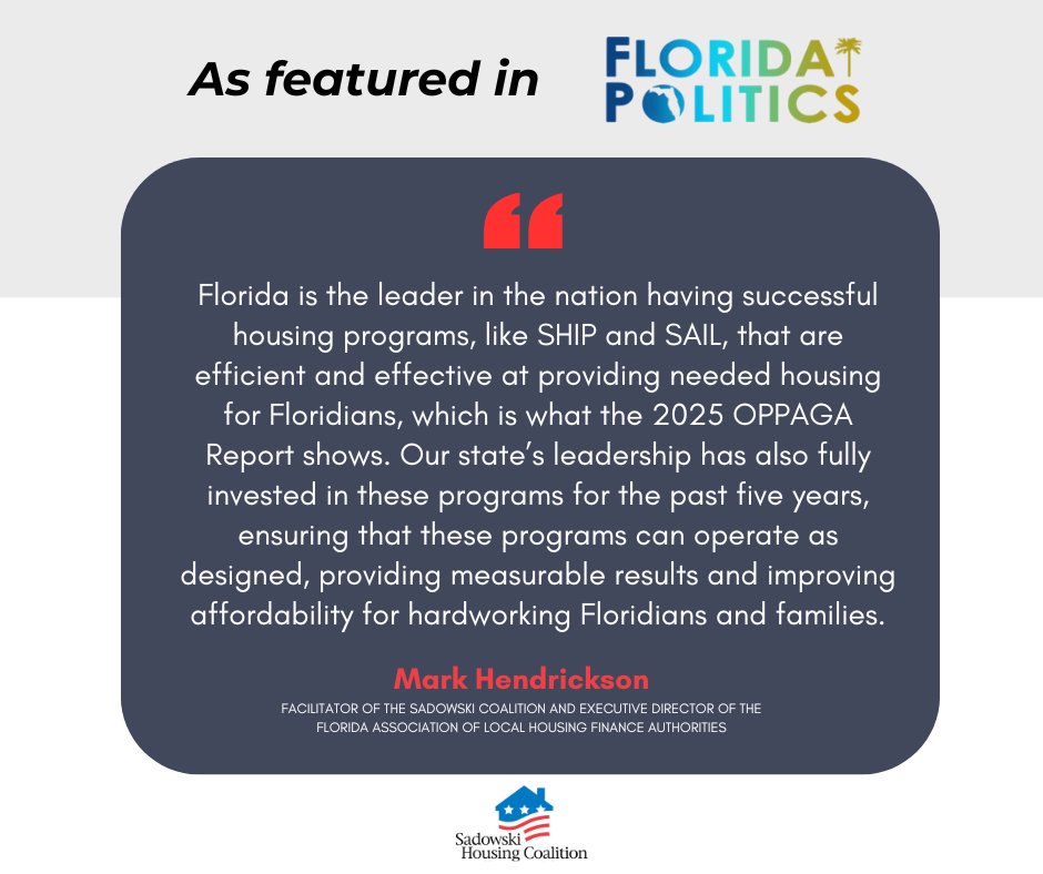 SadowskiFL's tweet photo. ICYMI via @Fla_Pol: Florida housing programs SHIP &amp; SAIL deliver positive results per the 2025 OPPAGA report. More housing news - including the grand opening of Heritage Oaks, a new housing community that's affordable - in our State of Housing newsletter: https://t.co/wrm72CWsEx https://t.co/17cgb7L5D6