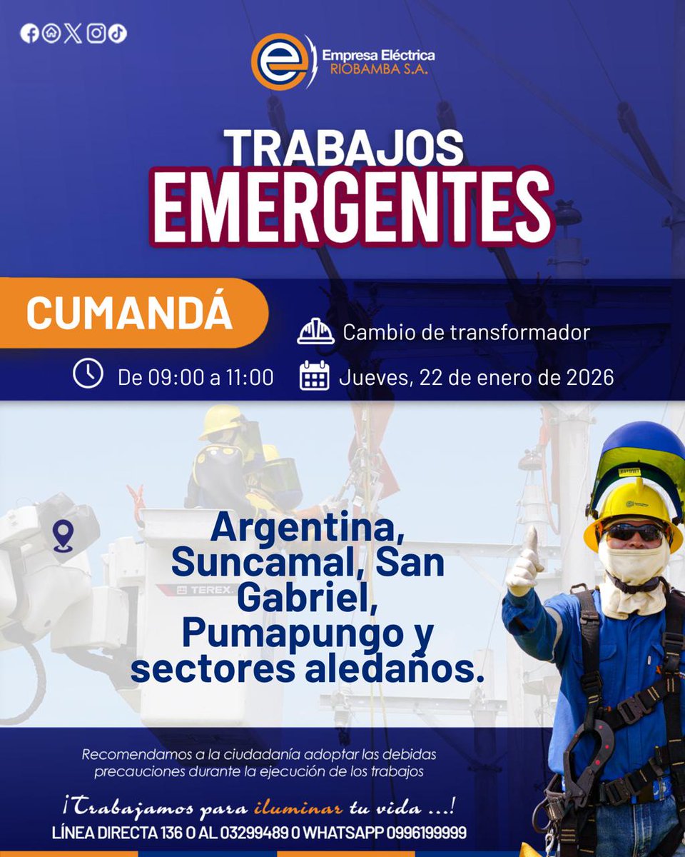 𝐓𝐫𝐚𝐛𝐚𝐣𝐨𝐬 𝐞𝐦𝐞𝐫𝐠𝐞𝐧𝐭𝐞𝐬⚠️🔧 | El 22 de enero, nuestro equipo técnico realizará intervenciones en el cantón #Cumandá ⚡️💡
Agradecemos su comprensión mientras realizamos estas labores🛠️👷‍♂️.