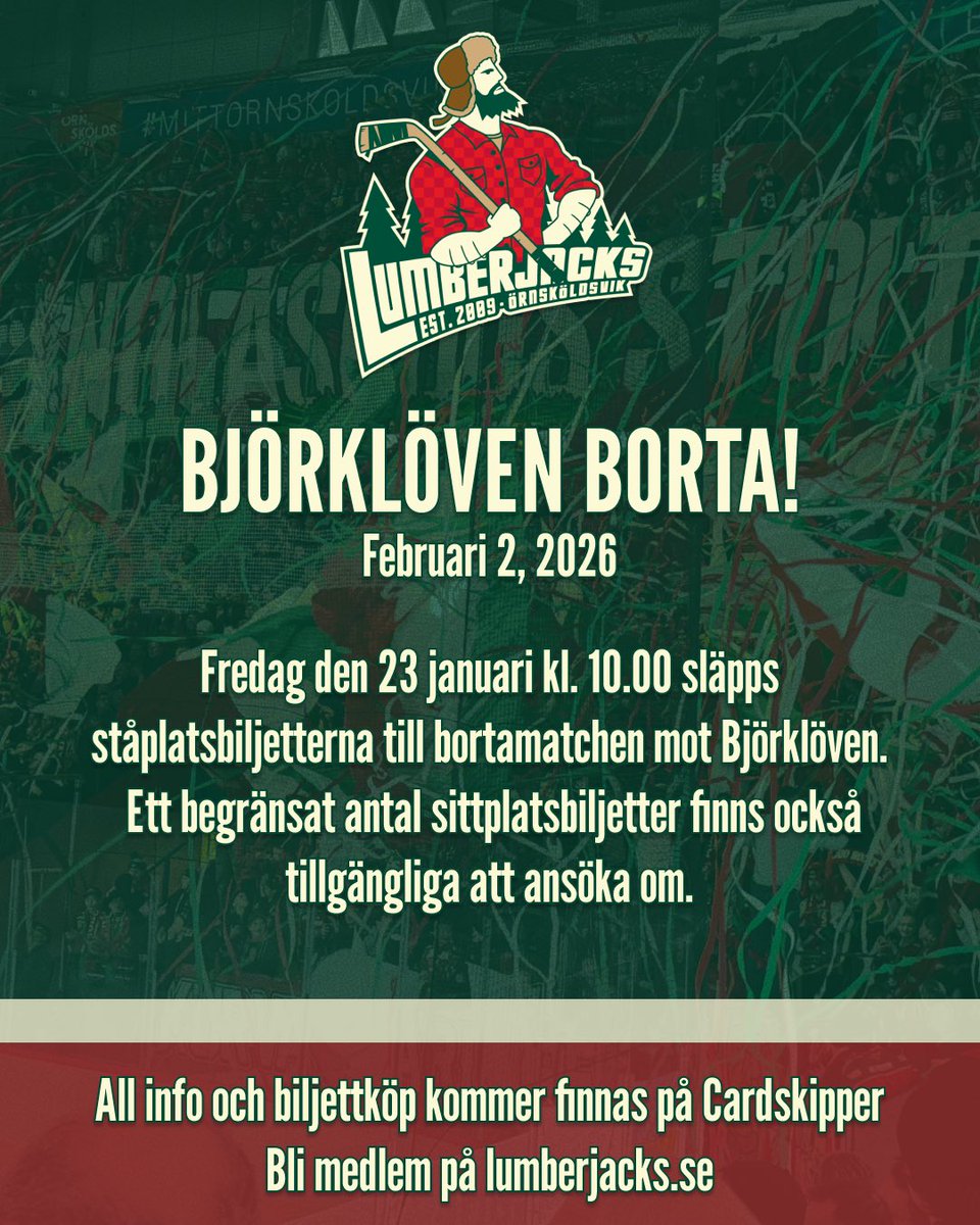 MoDoLumberjacks's tweet image. Fredag den 23 januari kl. 10.00 släpps ståplatsbiljetterna till bortamatchen mot Björklöven.
Ett begränsat antal sittplatsbiljetter finns också tillgängliga att ansöka om.
All info och biljettköp kommer finnas på Cardskipper