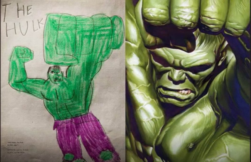thealexrossart's tweet image. Drawing at age 5 and today
#thenandnow #artinschools #hulk @comicbook_pros