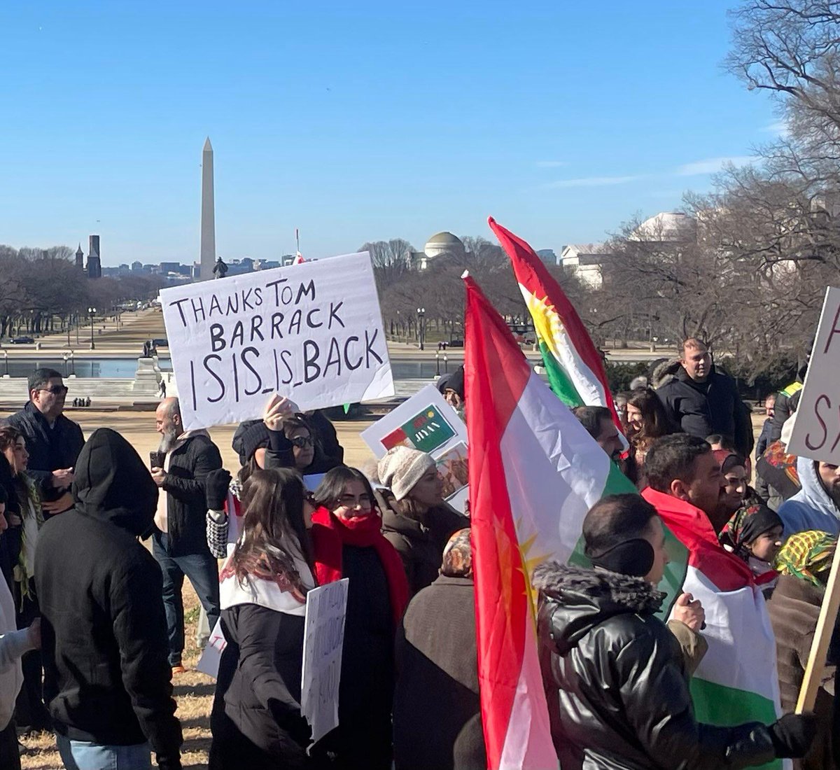 "Thanks Tom Barrack.  ISIS is Back." 

From the protests yesterday in Washington DC. 

Detailed report on how ISIS escaped from multiple sites because of the Syrian Army's assault against the SDF.  
rojavainformationcenter.org/2026/01/isis-e… 
Reuters reports that the US gave a green light for a