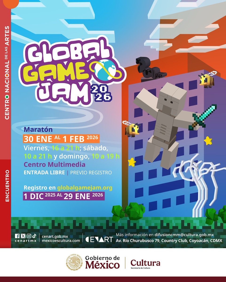 ¡Llega el Global Game Jam 2026 al Cenart! 🎮 

48 horas de creación de juegos (digitales/de mesa) del 30 de enero al 1 de febrero. Abierto a tod@s, ¡sin importar tu experiencia!

Toda la info en dsvmedios.com/arts-culture

#GlobalGameJam #CENART #Videojuegos #GGJ2026