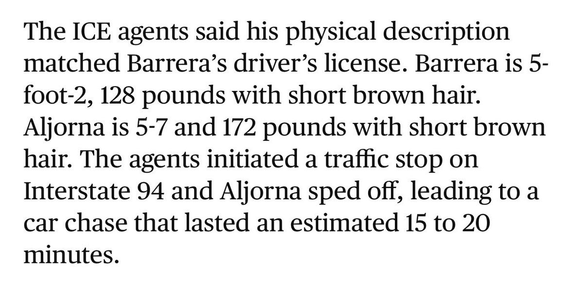 The person ICE agents shot in North Minneapolis last week was half a foot taller and 50 pounds heavier than the person they were targeting, but both had “short brown hair” so they chased the wrong guy for miles, shot him, and then lied about it. 

startribune.com/fbi-reveals-ho…