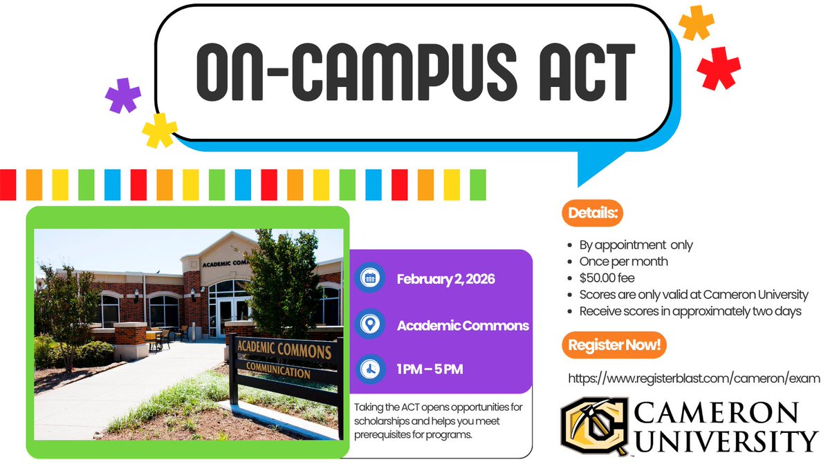 go2cameron's tweet photo. Don't forget to sign up for the On-Campus ACT on February 2, 2026! Find out more information and register at: https://t.co/Y3BtJDAzYH  
#cuhere #cameronuniversity #aggies #backtheaxe https://t.co/FYAEvFWxu8