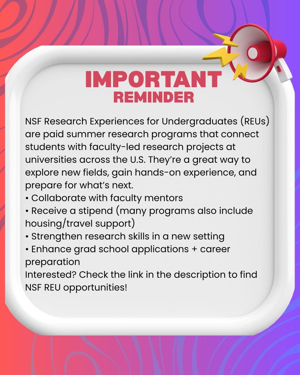 Ready for a summer research opportunity? NSF REUs offer paid experiences, mentorship, and real research at universities nationwide! 

Link to NSF Website: nsf.gov/funding/initia…