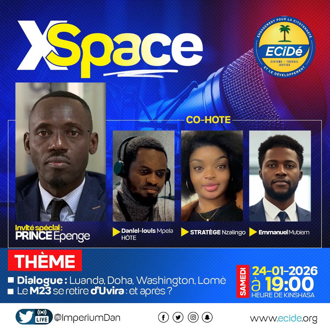 Space ECIDÉ – 2ᵉ édition

Nous aurons l’honneur de recevoir Monsieur Prince Epenge, porte-parole et vice-président de la plateforme LAMUKA.
Samedi à 19h30, le rendez-vous est pris. Ne manquez pas cet échange d’exception.

<a href="/JeanmarcKabunda/">Jean-Marc KABUNDA 520 GB</a> <a href="/MartinFayulu/">Martin Fayulu</a> <a href="/JohnnyKanzenga/">Kanzenga Johnny</a>