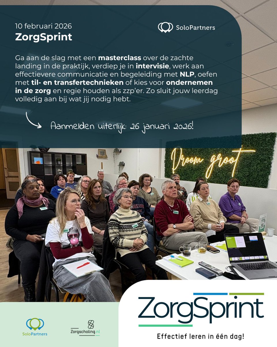 🚀 ZorgSprint 10 feb 2026 – Jij bepaalt je leerdag!
Zelfstandig in de zorg? Stel je eigen programma samen: masterclasses, intervisie en praktijkgerichte sessies. Leer, netwerk en verdien accreditatiepunten!
📍 Oss | Meld je aan vóór 26 jan 👉 solopartners.nl/agenda/zorgspr…