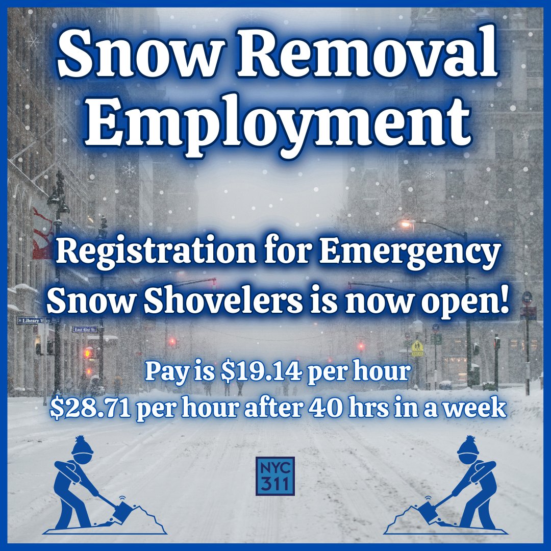 ❄️❄️Hey NYC, wanna help <a href="/NYCSanitation/">NYC Sanitation</a> keep NYC moving after the next snowstorm and get paid to do it???❄️❄️

Visit on.nyc.gov/SnowEmploy to schedule a registration appointment and find out what you need to bring with you.