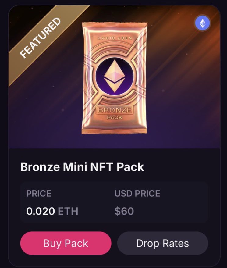 Eden_Magico's tweet image. gME  🪄

Los nuevos Bronze Mini Packs de SOL y ETH ya están LIVE en @MagicEden

✨ Pack de SOL por $9
✨ Pack de ETH por $60

Asegurándonos de que todos tengan la oportunidad de abrir packs.

¿Quién quiere un bronze pack?!
