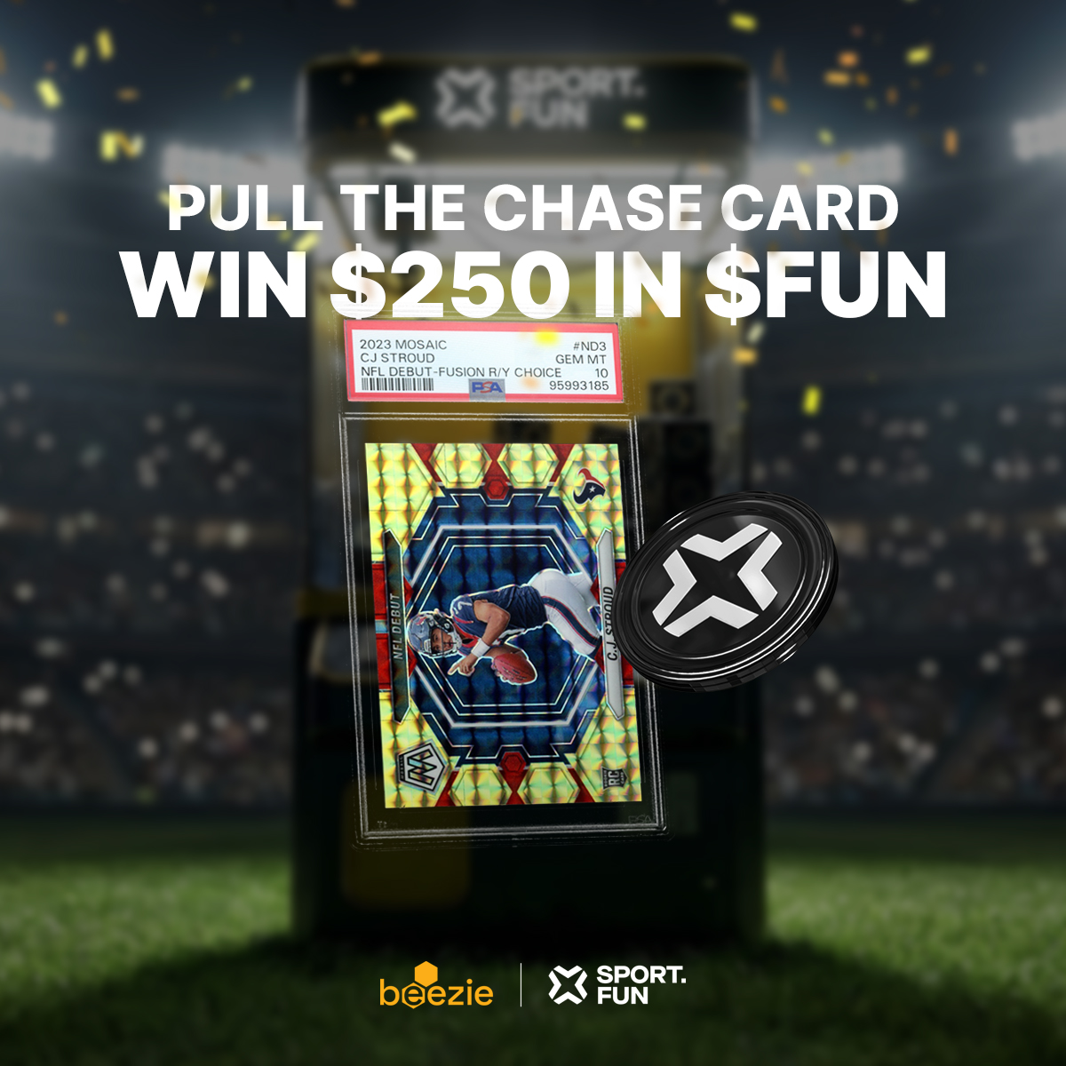 Beezie's tweet photo. Day 3 - $250 Bounty is LIVE 🏆
Pull 2023 Panini Mosaic CJ Stroud #ND3 PSA 10 from the SDF Claw
Win $250 in FUN ⏬ https://t.co/CZxPeHc2e8