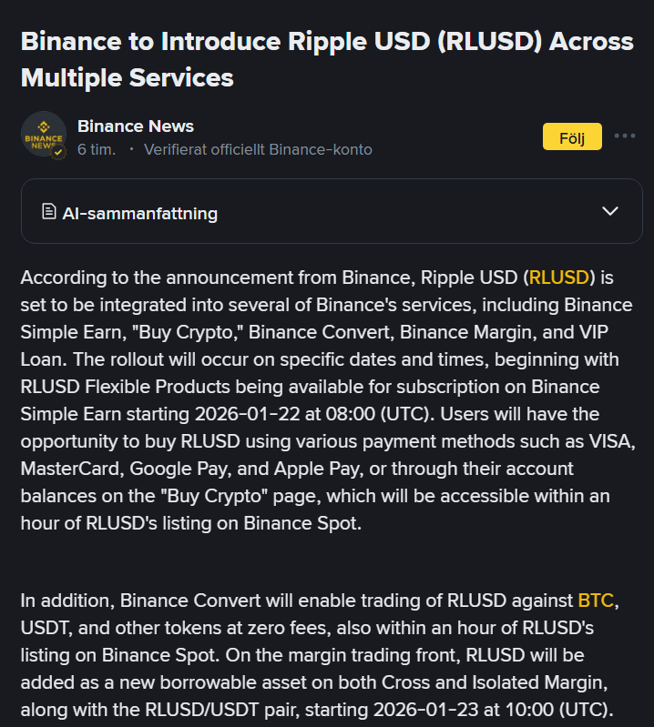 Here's Binance announcement today for #RLUSD across a number of their services. It will trade with 0 fess against other tokens and be available for margin trading and loans. 💪