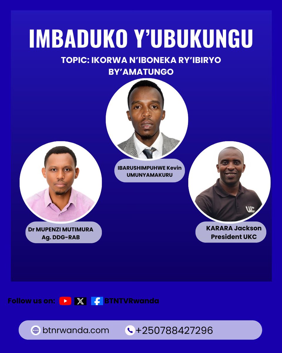 #MURARARITSWE
Mu kiganiro Imbaduko y'ubukungu cyo kuri uyu wa Kane 22 Mutarama 2026, Turaza kugaruka ku "Ikorwa n'iboneka ry'ibiryo by'amatungo"
Turabana na Dr Mupenzi Ag DDG wa <a href="/RwandaAgriBoard/">Rwanda Agriculture & Animal Resources Devpt Board</a> na KARARA Jackson Umuyobozi wa <a href="/uruhimbi/">URUHIMBI KAGEYO LTD (UKC) OFFICIAL.</a>. <a href="/RwandaAgri/">Ministry of Agriculture & Animal Resources |Rwanda</a> 
Host <a href="/Ibarushimpuhwek/">IBARUSHIMPUHWE BIHOYIKI Kevin Christian</a>