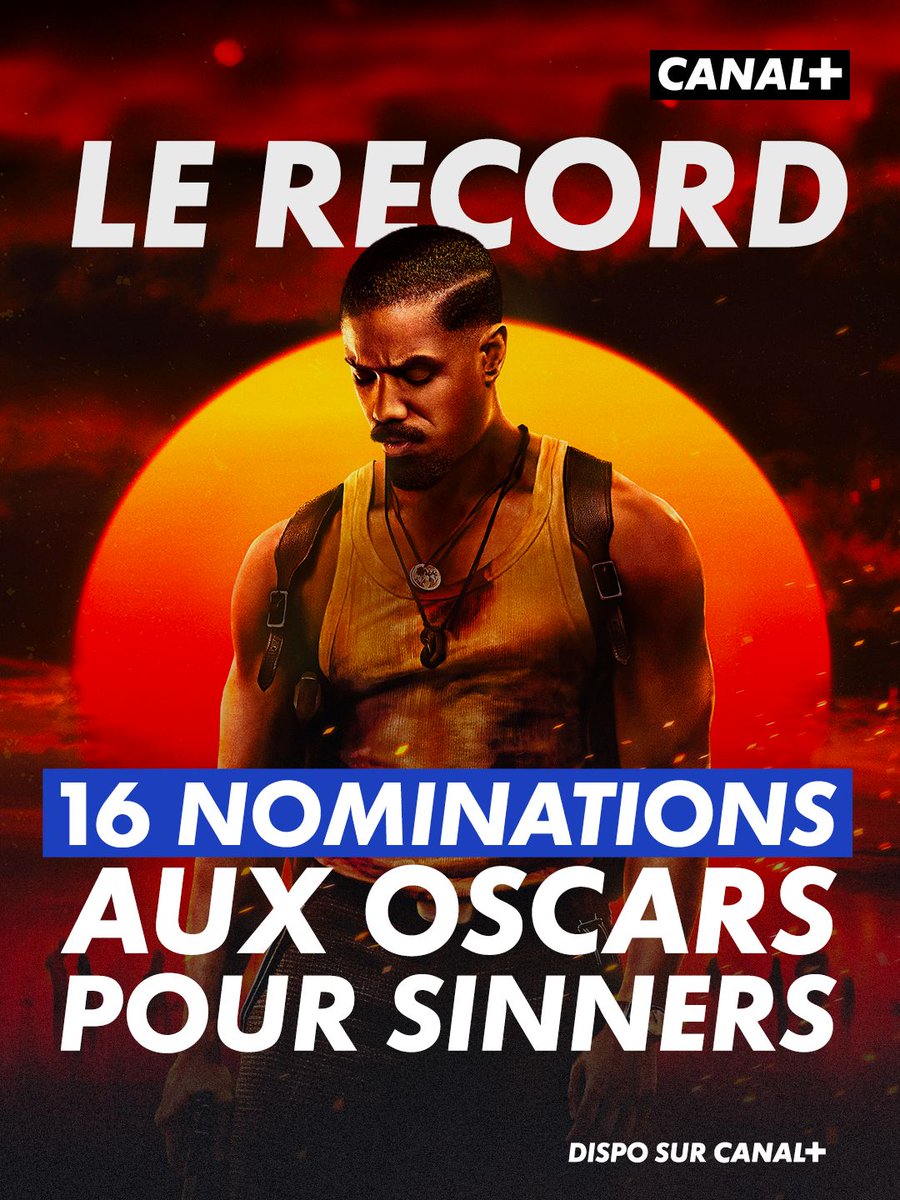 canalplus's tweet photo. Record historique 🔥

Sinners, de Ryan Coogler, entre dans l'histoire du cinéma en devenant le film le plus nommé aux #Oscars, décrochant pas moins de 16 nominations !

Le précédent record était 14 nominations : Ève (1950), Titanic (1997) et La La Land (2017).

Dispo sur CANAL+. https://t.co/f5YGvwdCXq