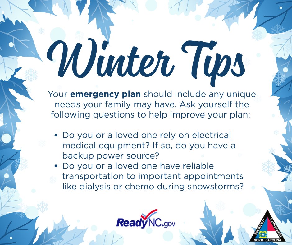 If you or a loved one relies on electric-powered medical equipment, make sure you have a backup plan before the storm hits. If you don't have a generator, identify somewhere you can go before roads get icy. For more tips visit ReadyNC.gov/Winter-Weather #ReadyNC
