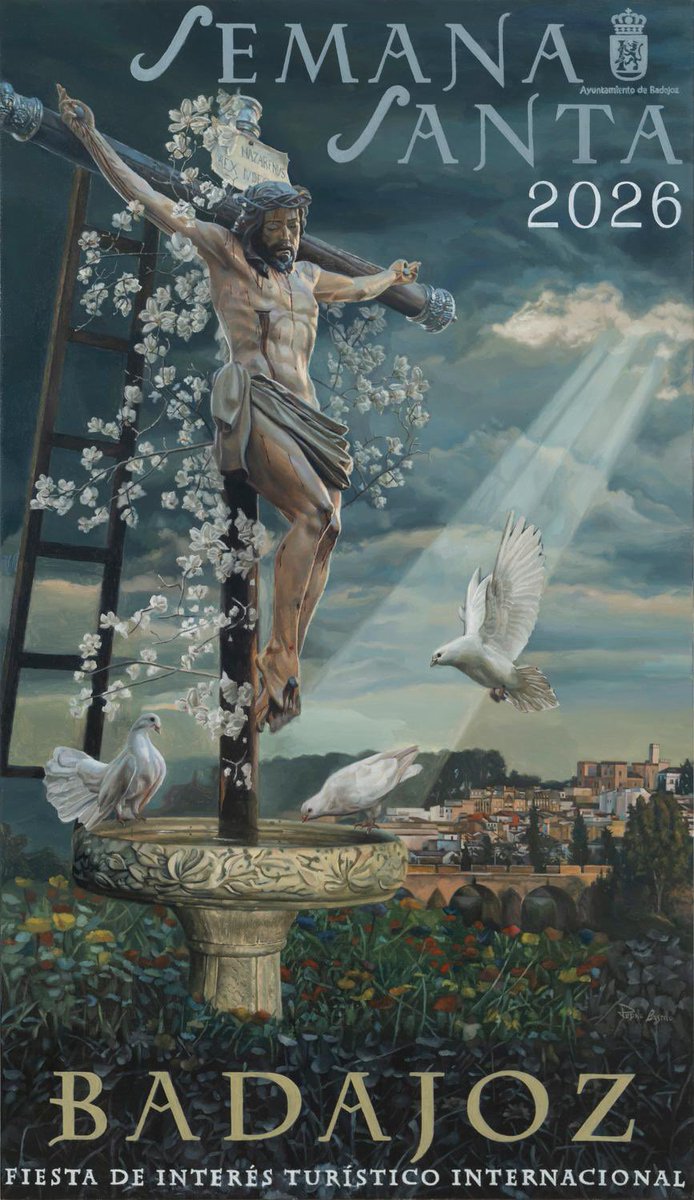 juantinocoz's tweet photo. Cartel Semana Santa Badajoz 2026. Lo protagoniza el Santísimo Cristo del Amor de la Hermandad de la Santa Vera Cruz. Inés de Pedro Castro Rojas. https://t.co/BWIeHbeptg