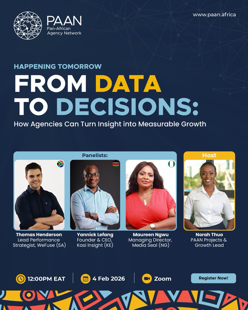 Is your team drowning in dashboards but still struggling to make confident decisions? Tomorrow we’re talking data, decisions, and real agency growth.

If you haven’t registered yet, this is your sign. 
Register here: tinyurl.com/tr8exd3u

#PAANWebinar #AfricanAgencies