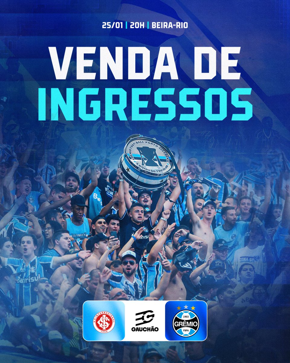 Gremio's tweet photo. 𝐈𝐧𝐠𝐫𝐞𝐬𝐬𝐨𝐬 #𝐆𝐫𝐞𝐧𝐚𝐥𝟒𝟒𝟗 🇪🇪🎺 Domingo é dia de lotar nosso espaço e alentar o Tricolor rumo a mais uma vitória!

Atenção, gremistada! 🎫 A venda é exclusiva para sócios e inicia às 14h desta quinta-feira. O pagamento deve ser realizado via 𝐏𝐈𝐗 e cada associado terá direto a 𝐮𝐦 ingresso, mediante disponibilidade.

⚠️ É OBRIGATÓRIO efetuar o cadastramento facial para garantir o acesso ao jogo.

Detalhes em https://t.co/LWIUjMuvIo