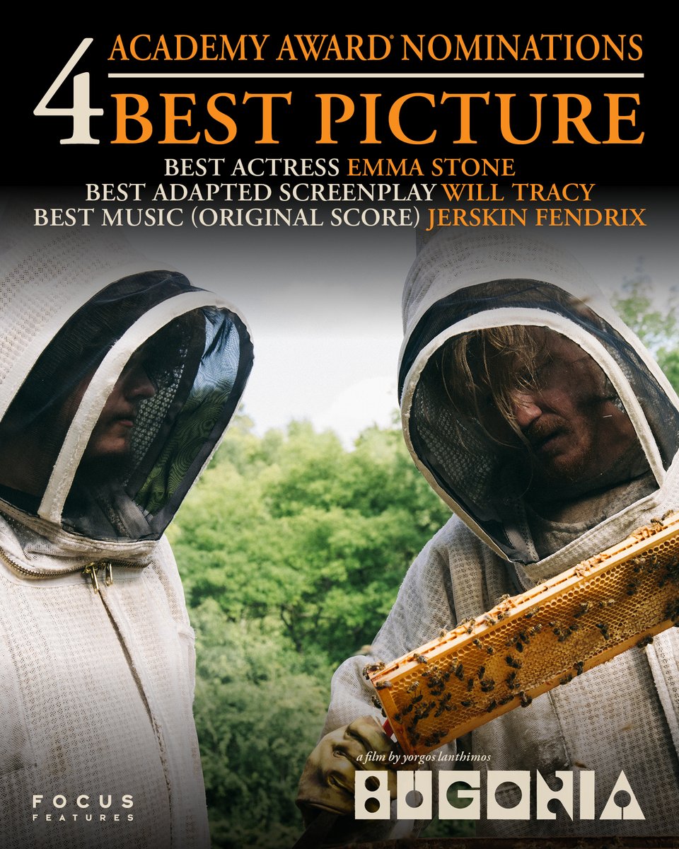 BUGONIA has been nominated for four Academy Awards.

Best Picture
Best Actress - Emma Stone
Best Adapted Screenplay - Will Tracy
Best Original Score - Jerskin Fendrix

#Oscars