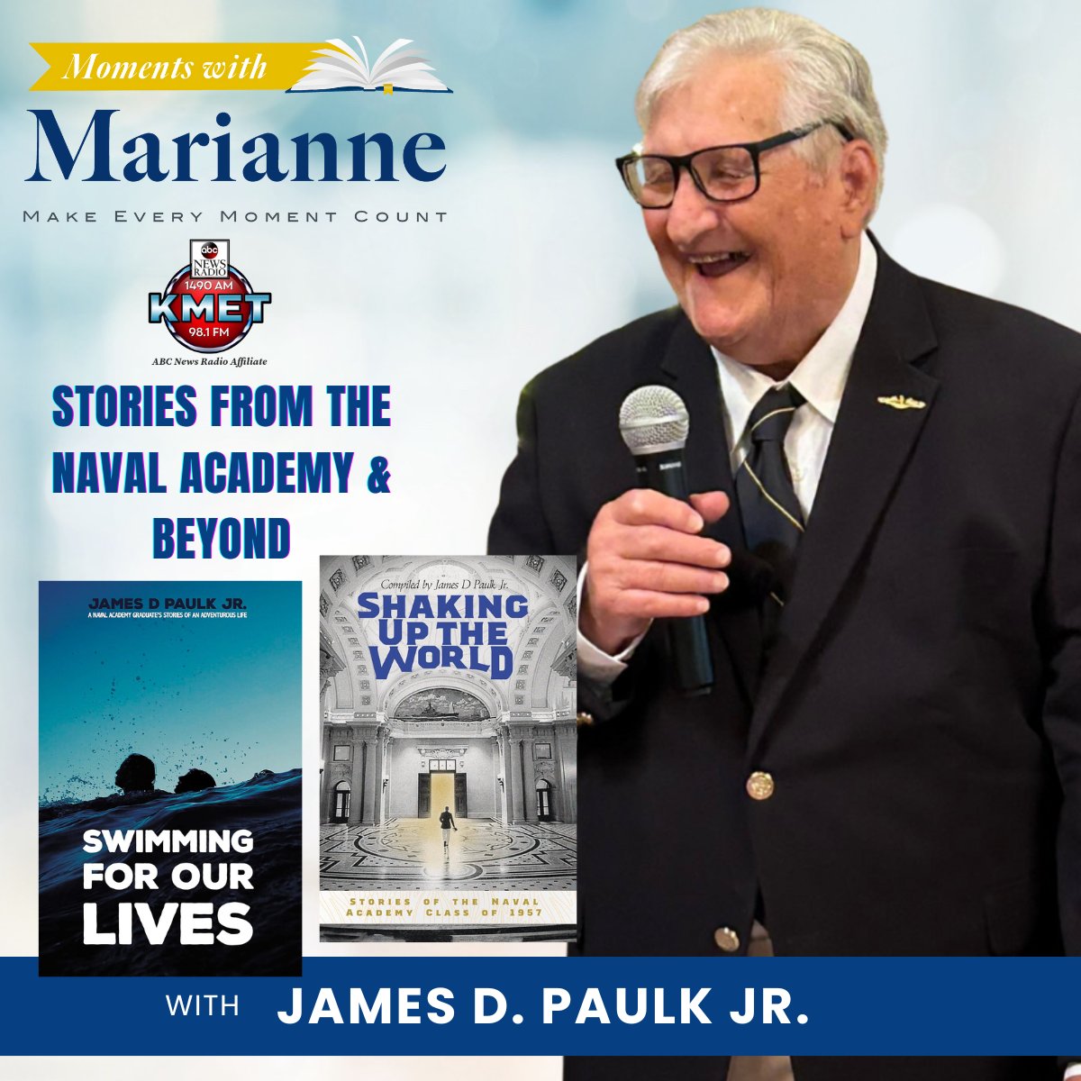 Tune in TODAY at 1:06pm PT for James D. Paulk Jr. Author as he shares stories from the Naval Academy and beyond on Moments with Marianne <a href="/KMETRadio/">KMET1490AM</a> kmet1490am.com

#NavalAcademy #conservation #fish #fishing #Navy #author #book #newbook #navylife #NavyStrong #memoir
