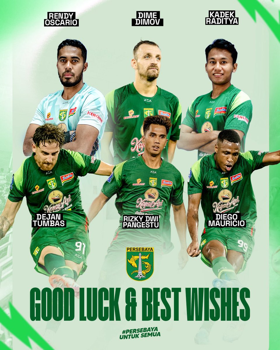 persebayaupdate's tweet photo. Diego Mauricio, Dejan Tumbas, Dime Dimov, Rizky Dwi Pangestu, Kadek Raditya, dan Rendy Oscario, tidak lagi menjadi bagian skuad Persebaya di putaran kedua BRI Super League 2025/ 2026. Persebaya mengucapkan terima kasih atas dedikasi dan perjuangan selama ini bersama Green Force. 

Good luck and best wishes Rek…!

#persebaya #PersebayaUntukSemua