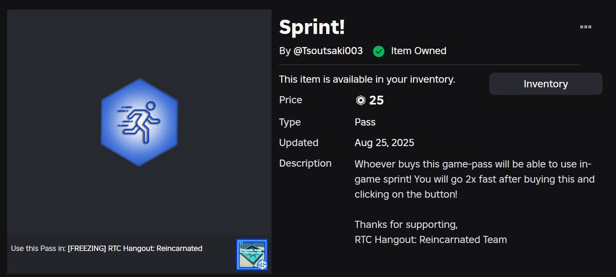 The Sprint! game-pass icon has been revamped!
What do you think of it?
Buy Sprint! here: roblox.com/game-pass/1421…