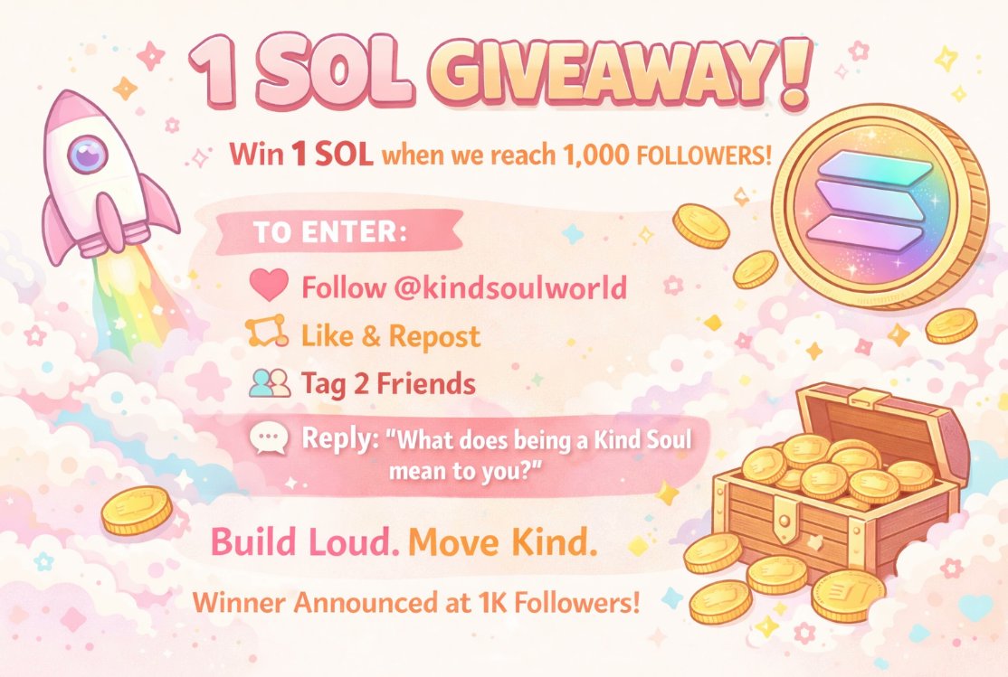 Piggy100x's tweet image. 🎁 1 SOL GIVEAWAY 🎁

🚀 When we hit 1,000 followers, 1 person wins 1 SOL

To enter 👇
💚 Follow @kindsoulworld
🔁 Like + Repost
👥 Tag 2 friends
💬 Reply: What does being a Kind Soul mean to you?
Build loud. Move kind.
💰 Winner announced at 1K followers
#SOL #Solana #Giveaway…
