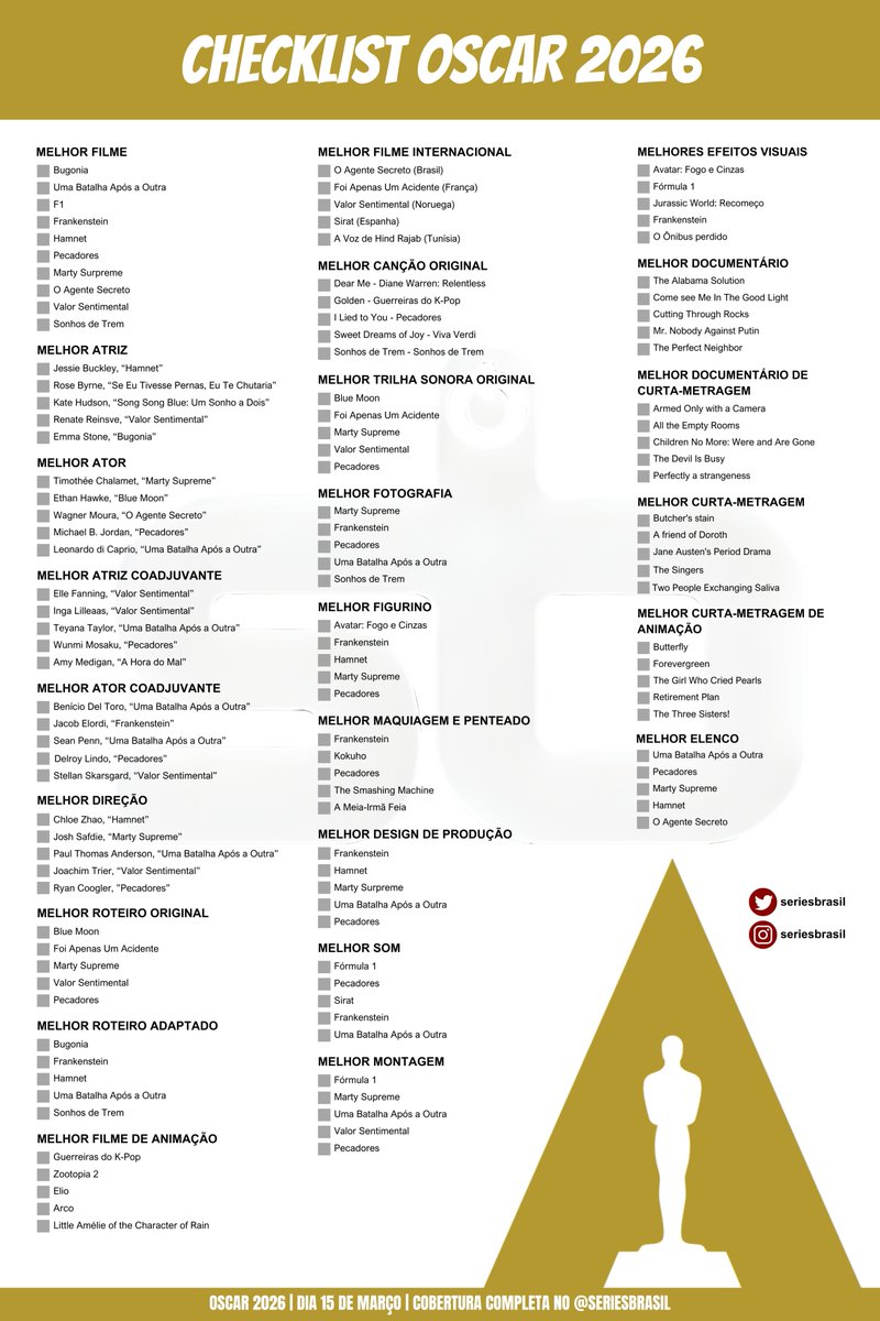 sboficial's tweet photo. VEIO AÍ! Pretende maratonar os indicados ao Oscar 2026? #Oscars

O SB criou um checklist pra que você consiga se organizar. Acesse o link para as versões em PDF e 4K: https://t.co/ItPANIvbt3 https://t.co/CV64lXB6rW