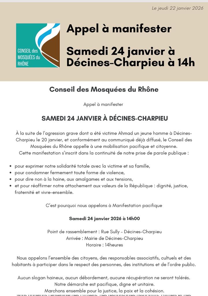 MF_Musulmans's tweet image. Musulmans de France relaie l’appel du Conseil des Mosquées du Rhône à une mobilisation pacifique et citoyenne suite à la grave agression survenue à Décines-Charpieu.

📍 Samedi 24 janvier 2026 • 14h
Rue Sully → Mairie de Décines-Charpieu

Soutien à la victime
#Justice #Unité