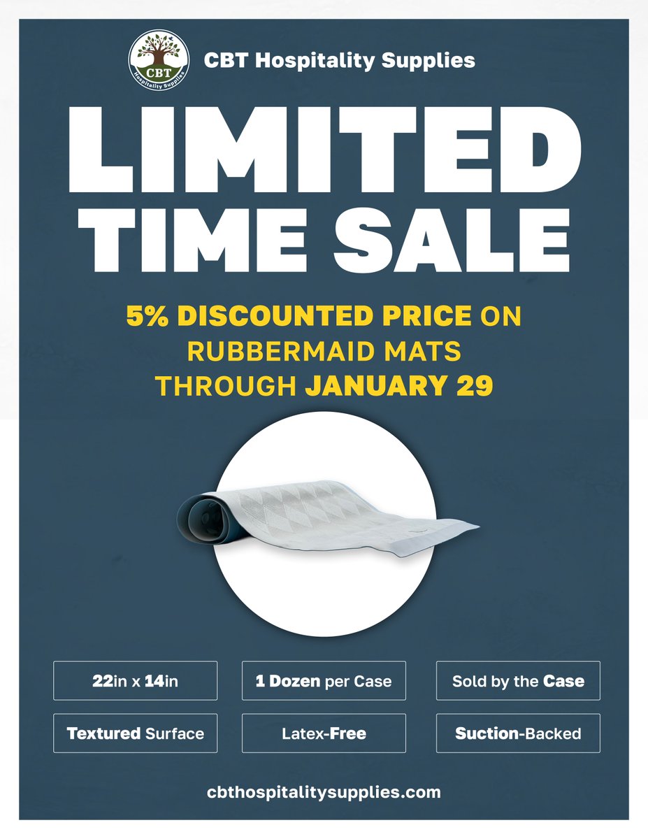 cbtmyrtlebeach's tweet photo. 🚨 Limited-Time Sale

🔥 5% OFF Rubbermaid Mats through January 29

🛁 Upgrade your bathrooms with a durable, high-quality textured surface mat designed for commercial use.

🌐 Order today at https://t.co/TfzAkZwxl9 https://t.co/F4EgEvANhi