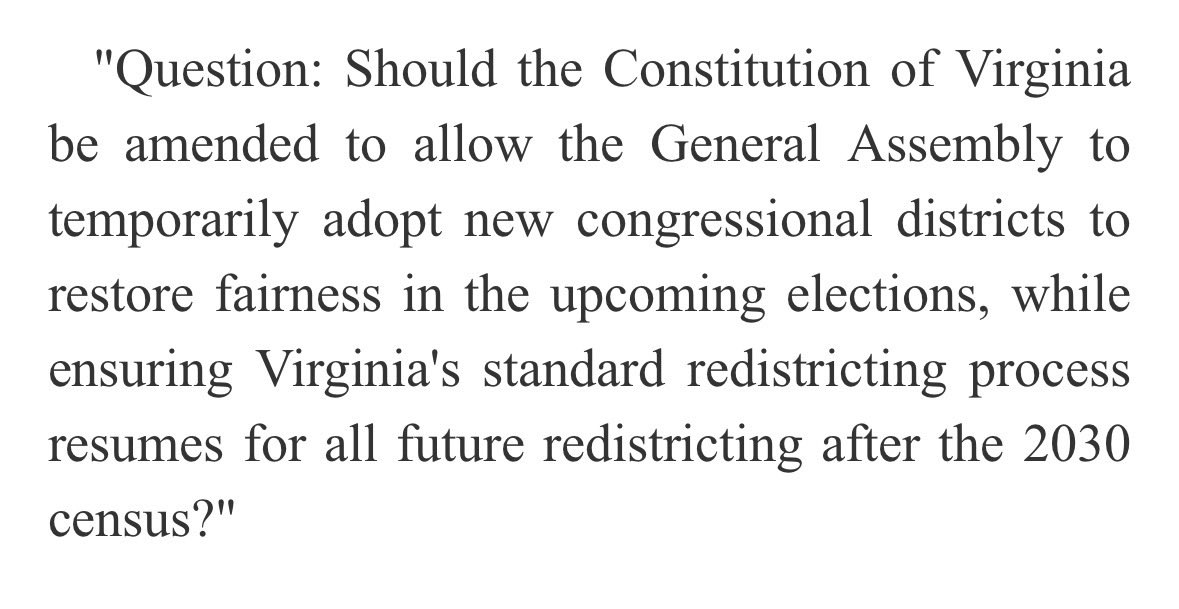 Proposed date for Virginia redistricting referendum is April 21

Proposed language of the question is below

GOP will not be happy with how question is phrased

3 months to run a campaign if Dems plan doesn’t hit any obstacles