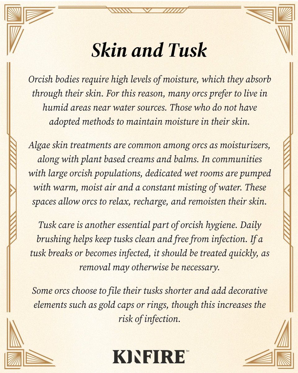 incredidream's tweet image. Orcs of the Kinfire world are shaped as much by environment as by tradition. From moisture rich skin treatments to careful tusk care, their daily rituals are rooted in survival, health, and culture.

#Kinfire #lorethursday