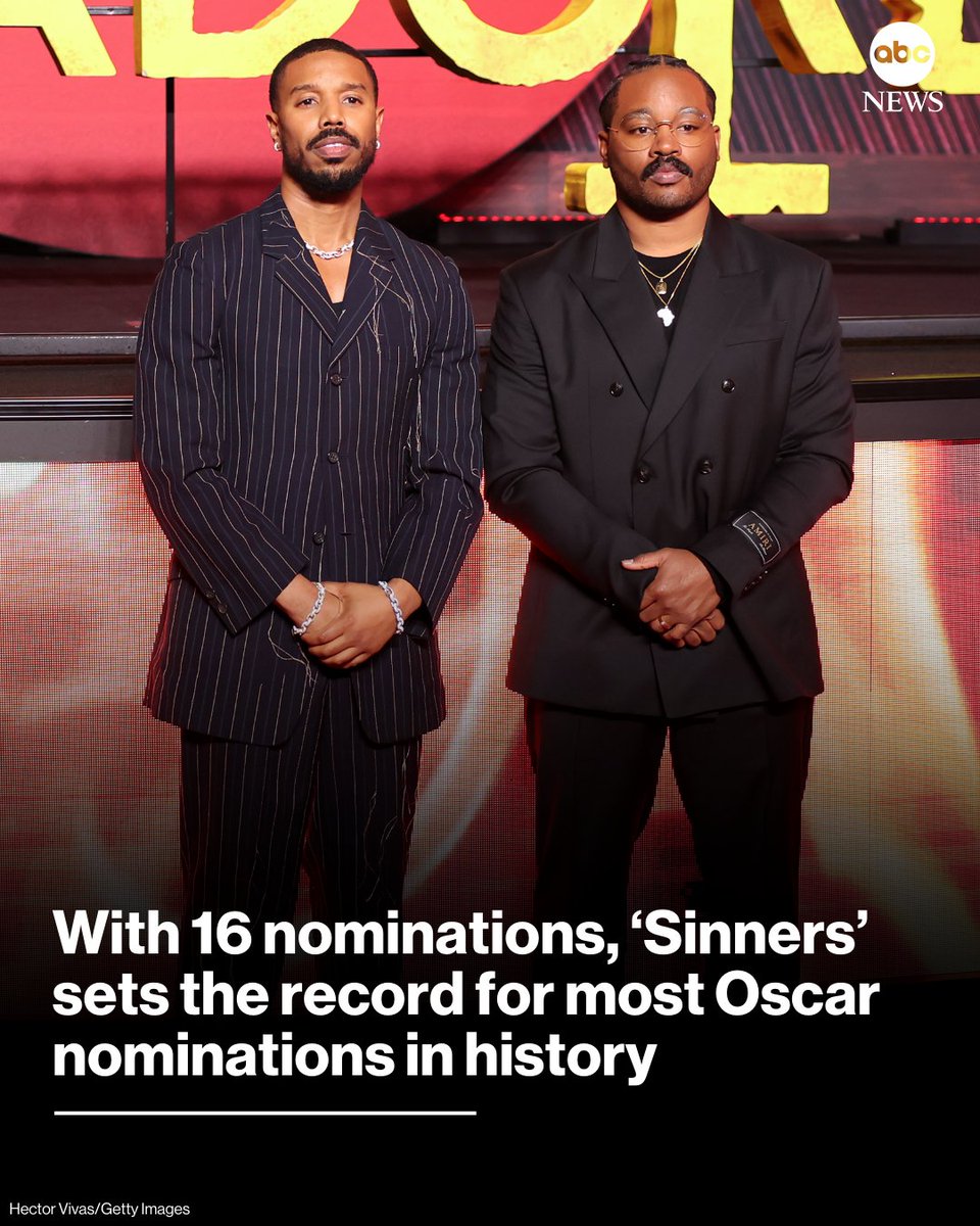 ABC's tweet image. With 16 nominations, Ryan Coogler’s "Sinners" has set the record for the most Oscar nominations for a film in history. 

The previous record of 14 was a tie between "La La Land" in 2016, "Titanic" in 1997, and "All About Eve" in 1950.

Read more: abcnews.link/8PuDsBZ