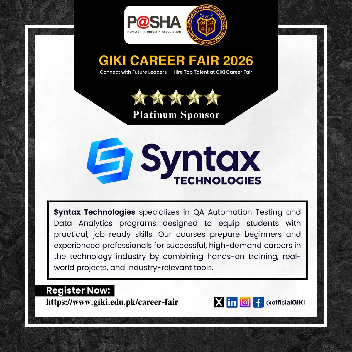 We are pleased to welcome Syntax Technologies as a platinum sponsor for the GIKI Career Fair 2026.

Secure your spot today: giki.edu.pk/career-fair
<a href="/SyntaxTechs/">Syntax Technologies</a> 
#CareerFair #TalentAcquisition #Hiring #GIKI #Recruitment