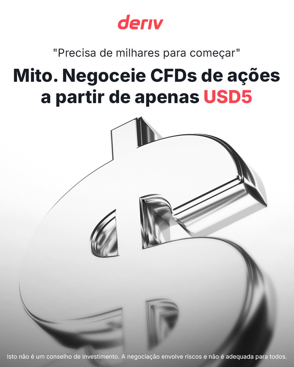 DerivPortugues's tweet image. Acha que precisa de milhares para negociar ações? 💡
Comece com apenas 5 USD na Deriv, sem necessidade de um grande capital 👉 deriv.link/4pUzyHc

#Deriv #StocksTrading #MythBusted

Isto não é um conselho de investimento. A negociação envolve riscos e não é adequada para
