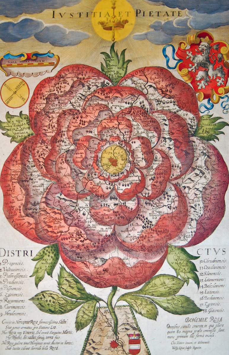 A map that shows Bohemia as a stylised Hapsburg rose. The stem firmly connects the flowering Bohemian rose to the fertile soil of Vienna, the Habsburg’s political centre. The Latin text at the bottom explains: 

“There grew a graceful Rose in the Bohemian woods, and an armoured