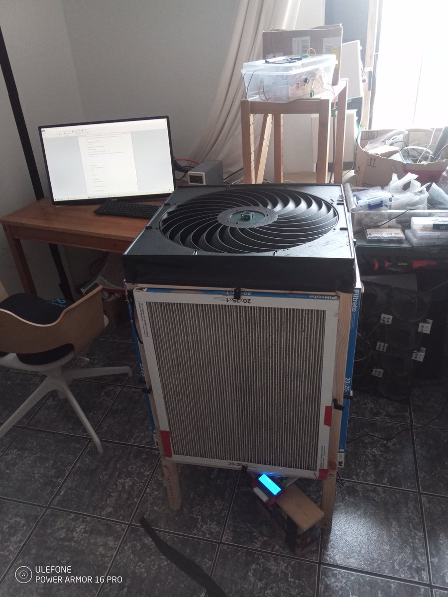 open_erv's tweet image. I did an experiment where I put the BQF operating at 391 rpm right side up, pulling air, and then tried it upside down, pushing, and measured the pressure inside the box.  The pressure *indicated* was 43% higher in pushing mode, indicating that probably considerably higher CADR…