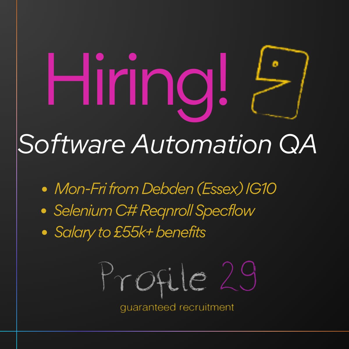 Profile29's tweet photo. Hiring! 🚨 Software Automation QA ¦ for a multi-award-winning finance &amp; credit company ¦ Selenium C# Reqnroll Specflow ¦ to £55k ¦ Mon-Fri from offices over the road from Debden (IG10) tube station ¦ full deets here 👉 https://t.co/AEsyJIXDAk or email CV to neil@profile-29.com https://t.co/YWNTwjlNSj