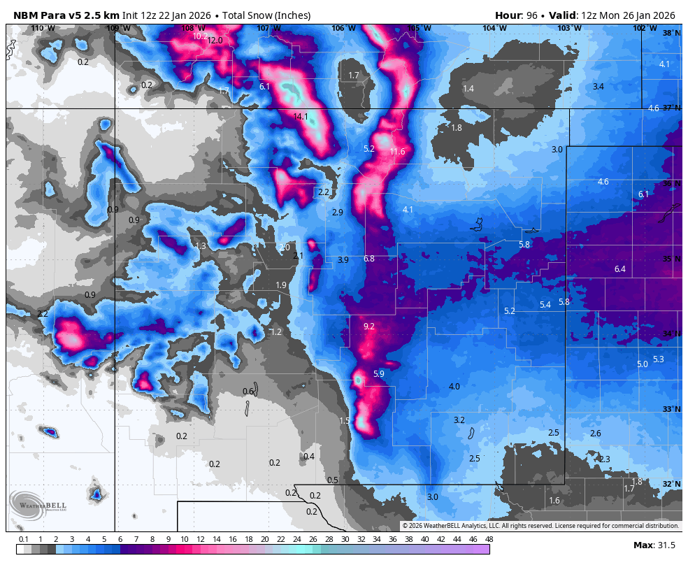 JustinCwx's tweet photo. Winter storm is on track for NM Fri-Sun. Winter driving conditions develop across the mtns Fri afternoon/evening, into N half of NM Fri night, &amp; then C &amp; S NM Sat. Improvement from N to S late Saturday night through Sunday morning. Greatest impacts along/E of C mtn chain #NMwx https://t.co/iJeUKFfGI8