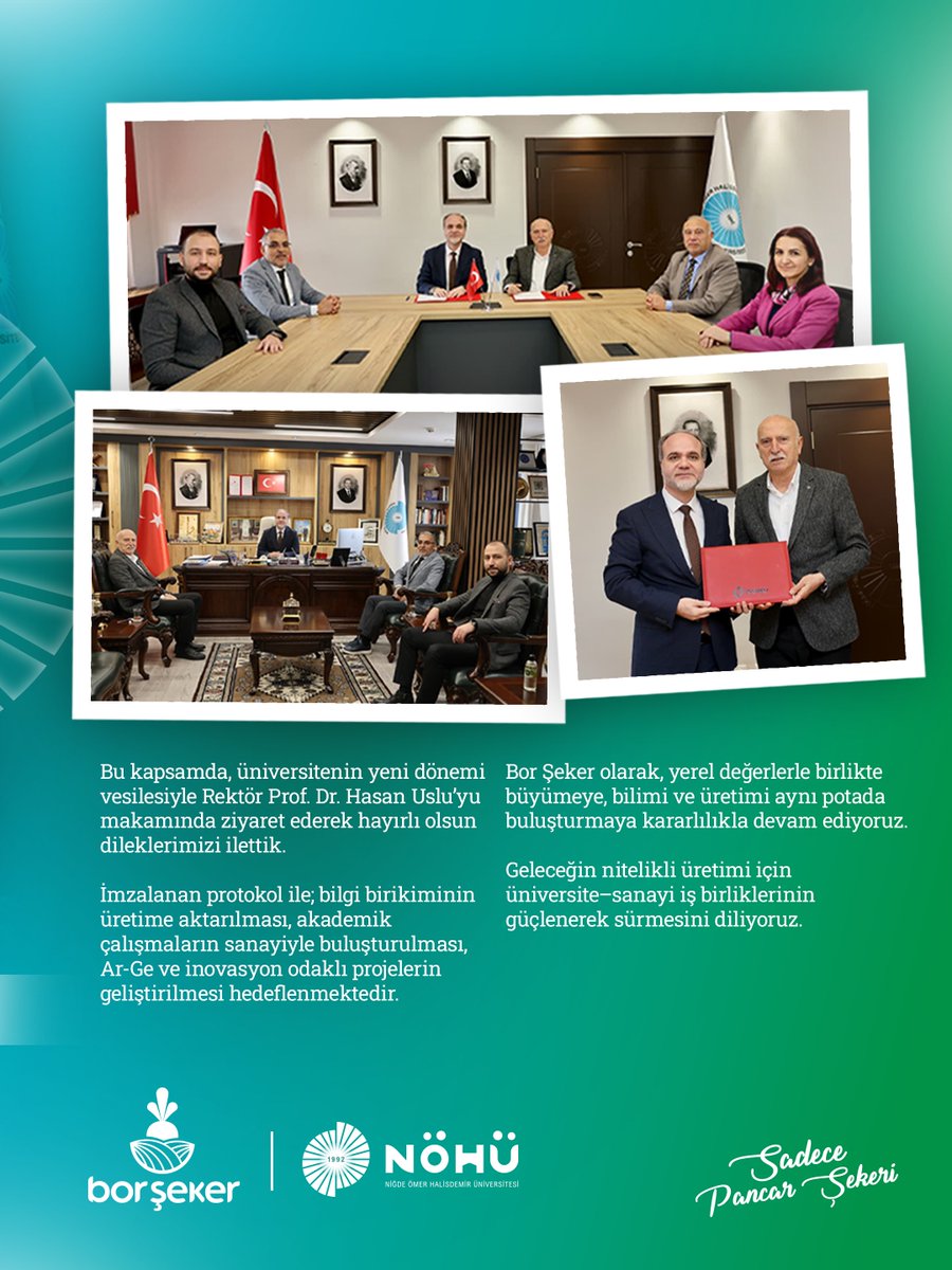 Niğde Ömer Halisdemir Üniversitesi ile sanayi–üniversite iş birliği protokolümüzü imzaladık. Bilgiyi üretimle buluşturan bu adımın geleceğe değer katmasını diliyoruz. 🌱🤝

#borşeker #pancarşekeri #şeker #küpşeker #sadecepancarsekeri