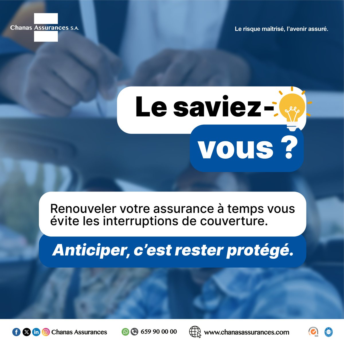 Un retard peut coûter cher.
Renouvelez votre assurance à temps et restez couvert(e), sans stress.
Anticiper, c’est rester protégé.

#ChanasAssurances #AssuranceAuto #lerisquemaîtrisélavenirassuré