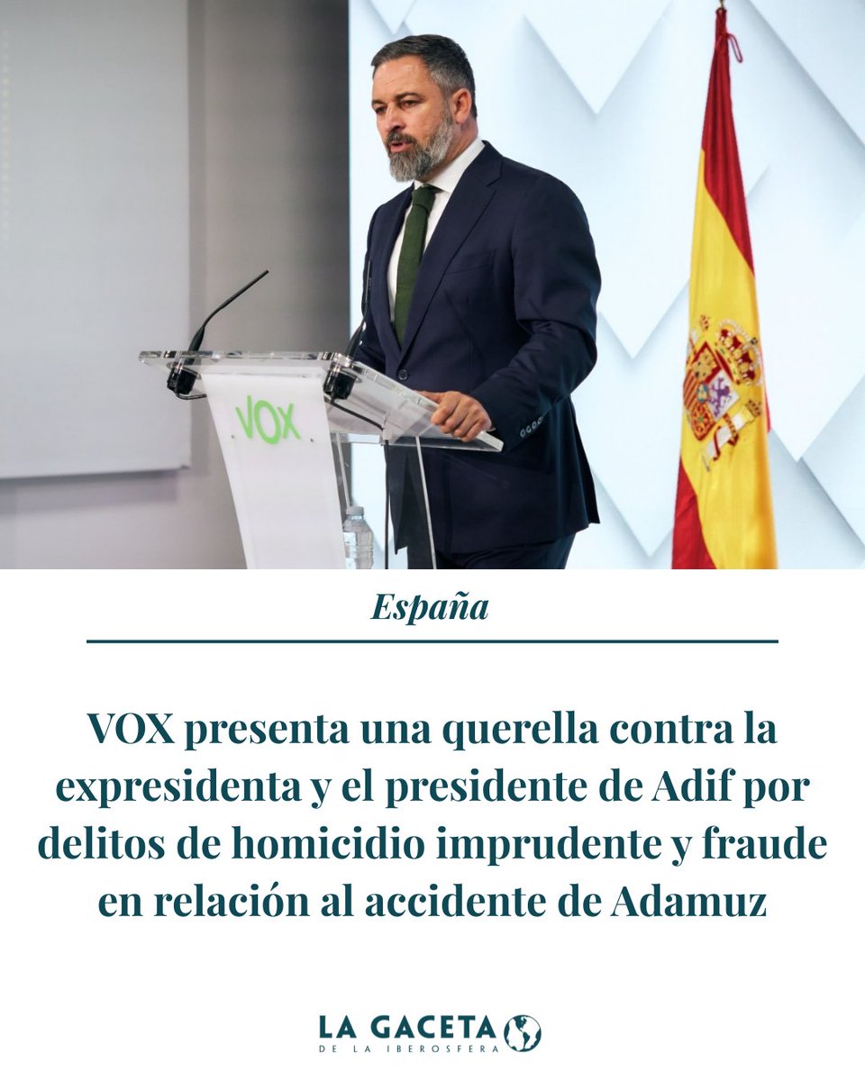 🔴 URGENTE | VOX se persona como acusación popular en la causa del accidente de Adamuz: 

🗣️ «No vamos a callar ante una tragedia que se podría haber evitado» 

🗣️ «Decir la verdad no es politizar una tragedia, es honrar a las víctimas» 

📲 COMPARTE si estás de acuerdo.