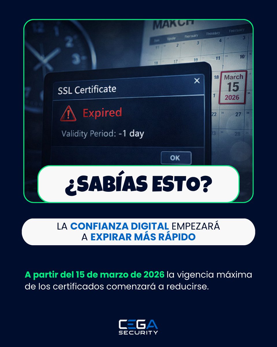 cegasecurity's tweet photo. El 15 de marzo de 2026, la vigencia de los #certificadosdigitales #TLS se reducirá de forma oficial.
Esto implica ciclos de renovación más frecuentes, mayor carga operativa y menos tolerancia a procesos manuales.

Lee más aquí: https://t.co/BaxRpoc96H

#SSL #CertificateExpired https://t.co/e7EMJkAPmY
